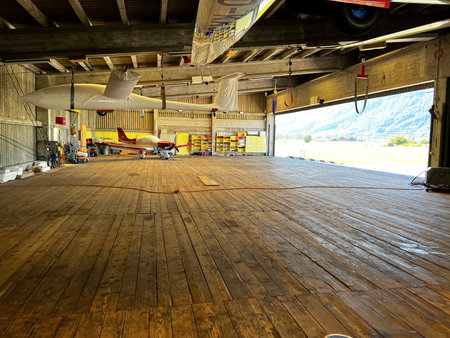 The flying machines are kept in this large hall.の写真素材