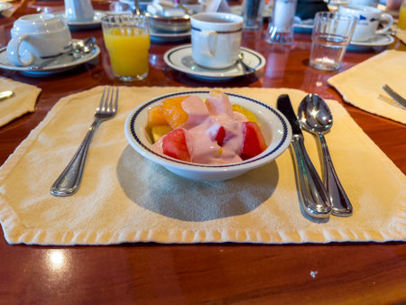 The start of breakfast with fruit salad.の写真素材