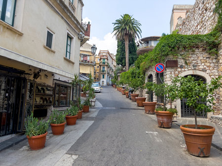 A street in Tahormina with flower pots.の写真素材