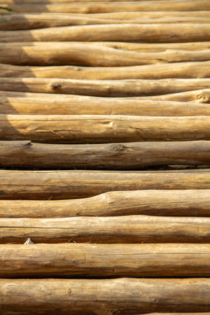 The background of the brown logs used as the footing of the bridge