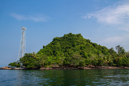 Island background filled with green trees with blue sea water
