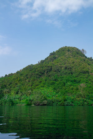 Island background filled with green trees with blue sea waterの写真素材