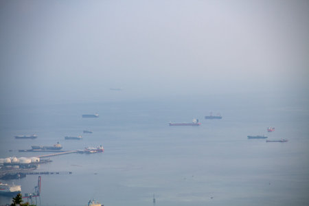 View of the harbor by the blue sea filled with ships from the top of the mountain