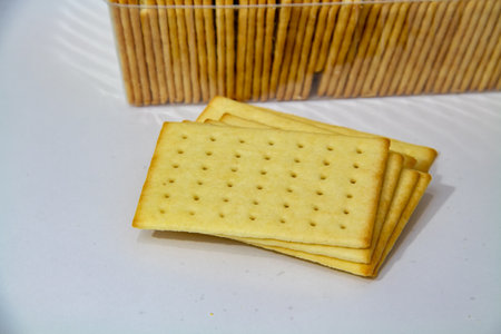 Arrangement of square biscuits on a white backgroundの写真素材