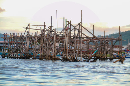 Fish cages made of bamboo wood on the beachの写真素材