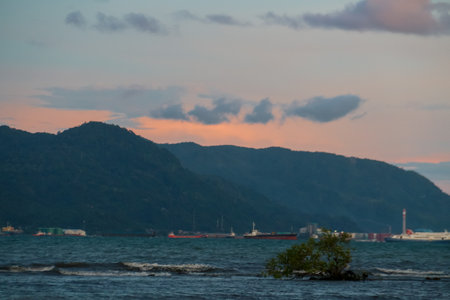 Landscape of sea and mountain in the eveningの写真素材