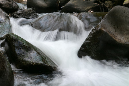 Water flowing over rocks in the forest, close up of waterfall.の写真素材