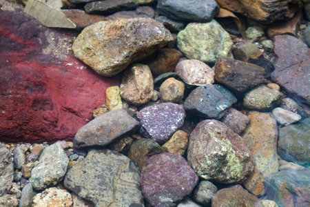 Close up view of colorful stones on the bottom of a river.の写真素材
