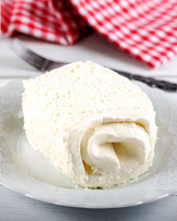 Clotted cream (butter cream) for Turkish breakfast / Kaymak and glass of milkの写真素材