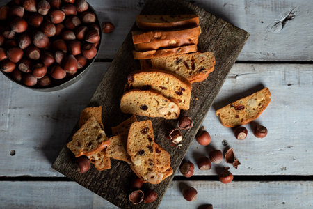 Tasty traditional Italian homemade biscotti or cantuccini cookies with hazelnuts. In Turkey it calls "Thessaloniki biscuit"の写真素材