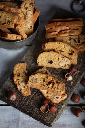 Tasty traditional Italian homemade biscotti or cantuccini cookies with hazelnuts. In Turkey it calls "Thessaloniki biscuit"の写真素材
