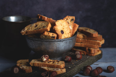 Tasty traditional Italian homemade biscotti or cantuccini cookies with hazelnuts. In Turkey it calls "Thessaloniki biscuit"の写真素材