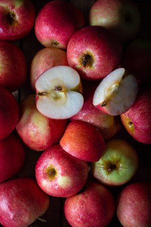 Fresh apples in wooden box. Fruit background.