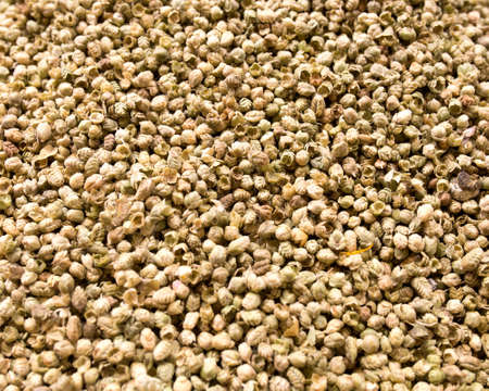 Heap of coriander seeds as background, top view.の写真素材