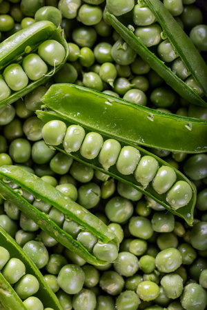 Fresh green peas. Close-up. Top view. Fresh green peas pods.の写真素材