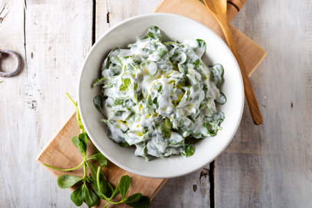 Purslane salad with fresh garlic yogurt and olive oil in white ceramic bowl on wooden background. Top view.の写真素材