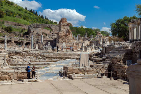 Efes, Selcuk, Izmir - Turkey- 04-25-2021: The ruins of an ancient city of Ephesus, Izmir, Turkey.  Tourists visit the ancient city.のeditorial素材