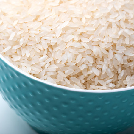 Bowl full of rice on white background.  Close-up. Copy-space. Ingredient for a healthy diet.の写真素材