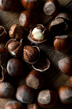 hazelnut Fresh organic filbert. Nuts on wooden background.の写真素材