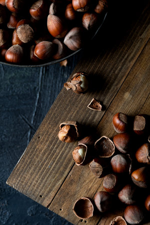 hazelnut Fresh organic filbert. Nuts on wooden background.の写真素材