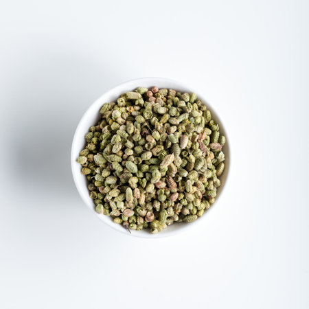 Natural thyme spice (Thymus vulgaris) in bowl on white background. Top view.の写真素材