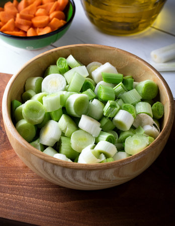 Chopped leeks in a wooden bowl on a wooden background. Selective focus.の写真素材