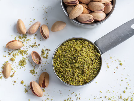 Ground Pistachios and Whole Nuts in Measuring Cup on White Backgroundの写真素材