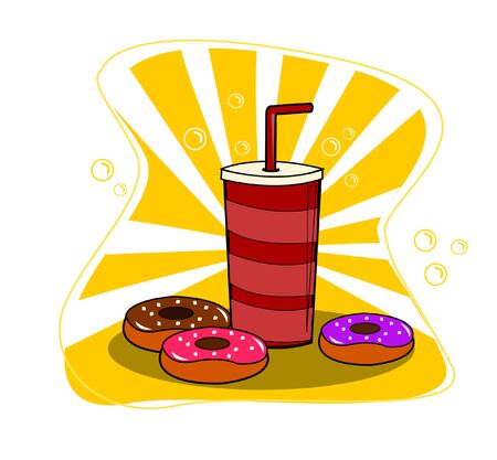 Donuts and cup of soda vector on yellow background.のイラスト素材