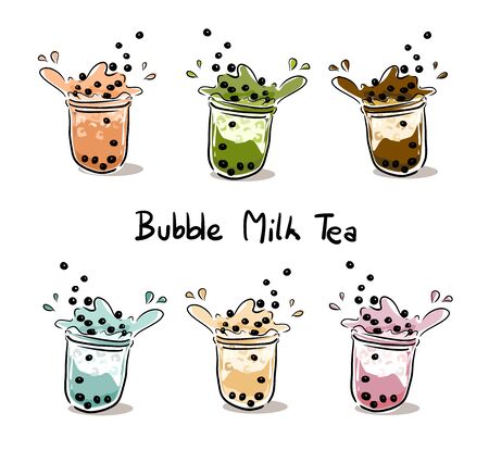 The bubble milk tea.Black pearl milk tea is famous drink many cup vector.Set of Bubble Milk tea.のイラスト素材