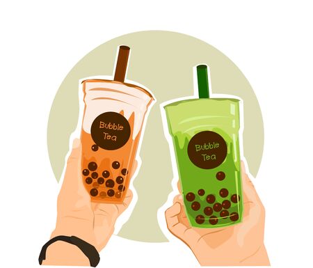 Two hands is holding a bubble tea cup.のイラスト素材