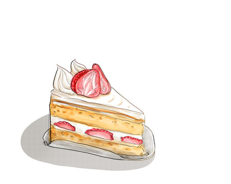 Drawing watercolor dessert piece of cake strawberry cake. Illustration on white background.