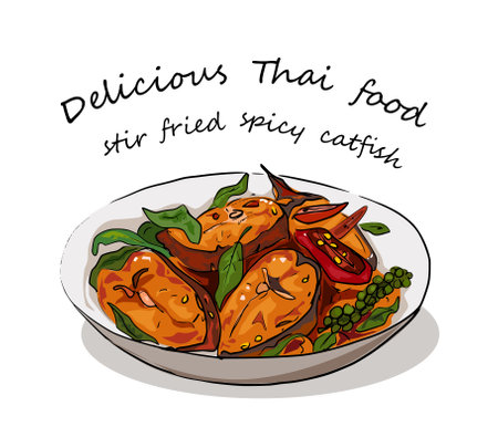Phad Phed Pla Duk Throd Krob (Stir-fried Deep fried Catfish with Curry Paste) is delicious Thai food.のイラスト素材
