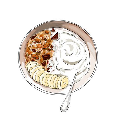 yogurt with banana and oatmeal homemade drawing vector isolatedのイラスト素材