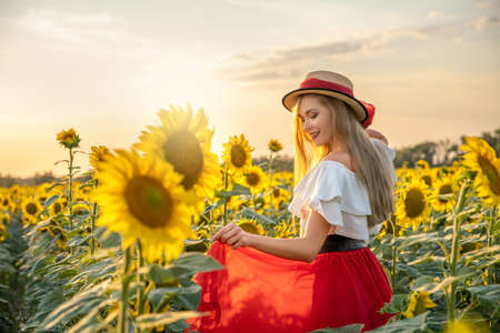 Portrait of young, happy blonde hair girl is standing in a sunflower field.の写真素材
