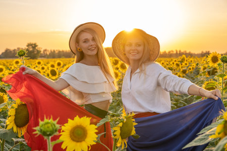 Portrait of young, happy blonde hair girls, sisters in a sunflower field.