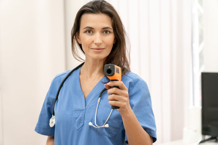 Portrait of confident young female doctor holding digital thermometer.