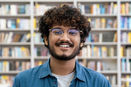 Portrait of smiling young Indian male student at library book rack on background