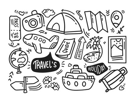Travel theme doodles with various forms of iconic objectsのイラスト素材