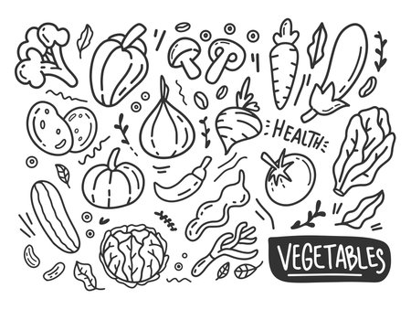 Vegetable theme doodle with various hand drawn objectsのイラスト素材