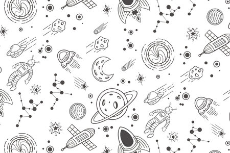 seamless pattern space illustration with line art hand drawing
