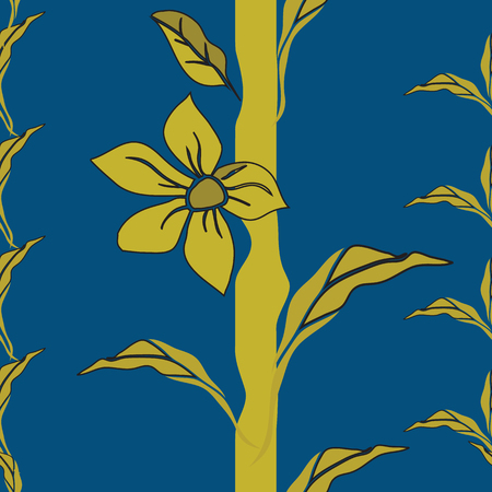Vector Illustration of an eternal whimsical stylized plant with golden yellow flowers and leaves with warped vertical stripes creating negative space. Ideal for gift, fashion scrapbooking, home decorのイラスト素材