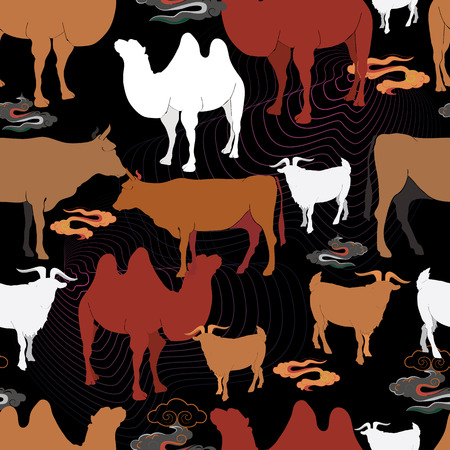 Cattle grazing in a meadow. Sheep, camels, goats and cows on pasture. Vector illustrationの写真素材