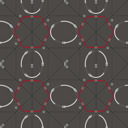 Seamless geometric pattern with metallic buckles, belts and rings. Complex vector print with hexagons, ovals, rectangles and diagonal lines.の写真素材