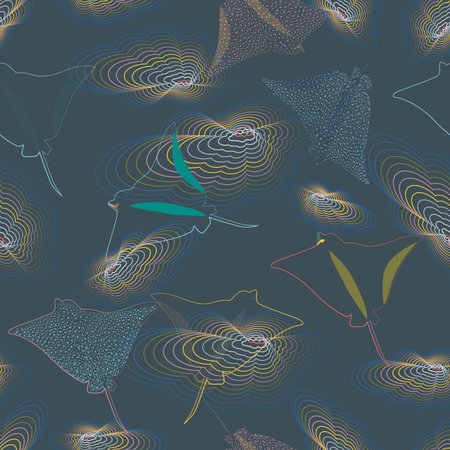Vector illustration of stylized stingray swimming underwater. This colourful, stylish seamless...