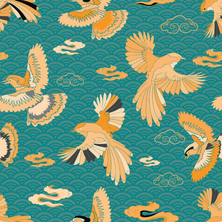Illustration of birds, blue jay, falcon, waves and clouds. Seamless repeat pattern in yellow, blue, green, cream, black, turquoise and grey.の写真素材
