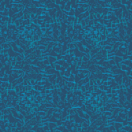 Abstract seamless pattern with warped stripe shapes, scratches and splatters in shades of blue,...