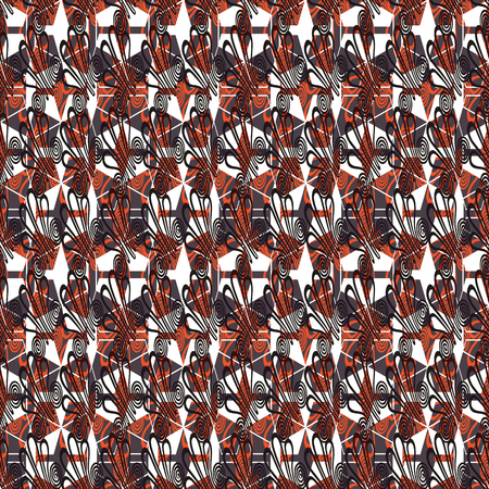 Vector illustration in shades of orange. Seamless repeat pattern with polygons and swirly lines.の写真素材
