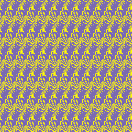 Seamless repeat pattern with intricate frog buttons and polka dots in geometric layout. Vector illustration in shades of yellow and lilac.の写真素材