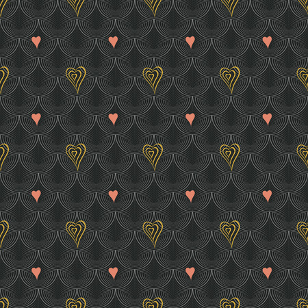Abstract vector seamless op art pattern with stylized hearts. Graphic yellow, black and orange ornaments. Striped optical illusion repeating texture.のイラスト素材