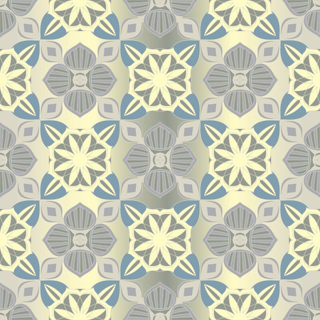 SEAMLESS ORNATE PATTERN WITH MANDALA ELEMENTS IN SHADES OF YELLOW, SAGE, GREY AND BLUE. MANDALA TEXTURE. VECTOR TEMPLATE FOR FABRIC, WALLPAPER, TILE, WRAPPING, COVERS AND CARPETS.の写真素材